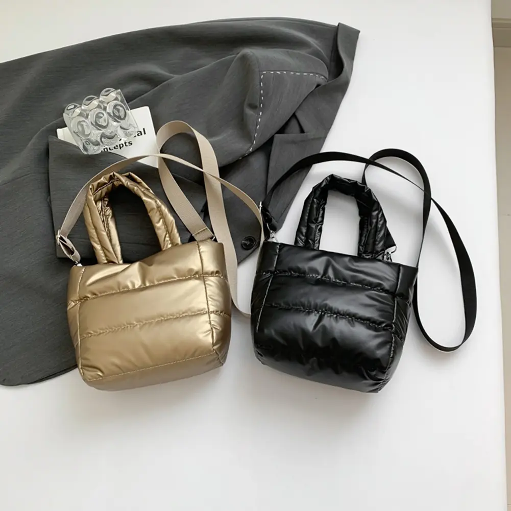 Woman Puffy Lightweight Handbag Large Capacity Soft Pad Cotton Tote Adjustable Strap Quilted Shoulder Bag Shopping Bag