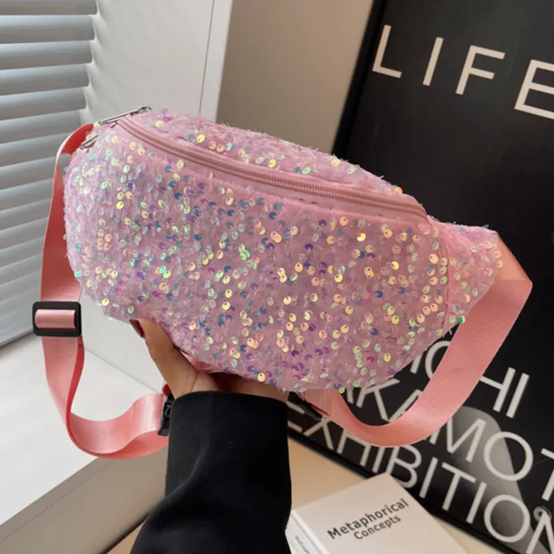 Women New Chest Bag Luxury Crossbody Bags Leather Sequin Sling Shoulder Bag Adjustable Strap Shining Ladies Commuting Waist Bags