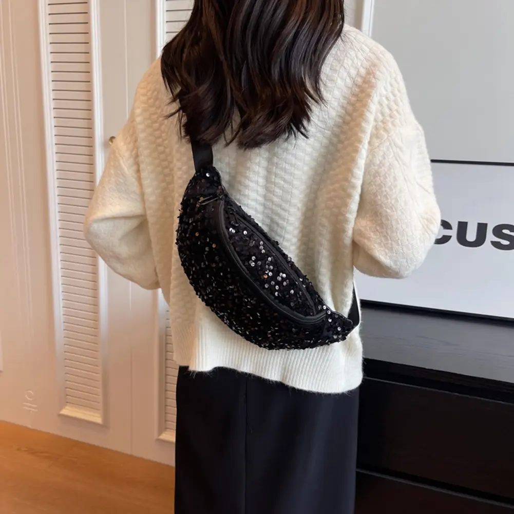Women New Chest Bag Luxury Crossbody Bags Leather Sequin Sling Shoulder Bag Adjustable Strap Shining Ladies Commuting Waist Bags
