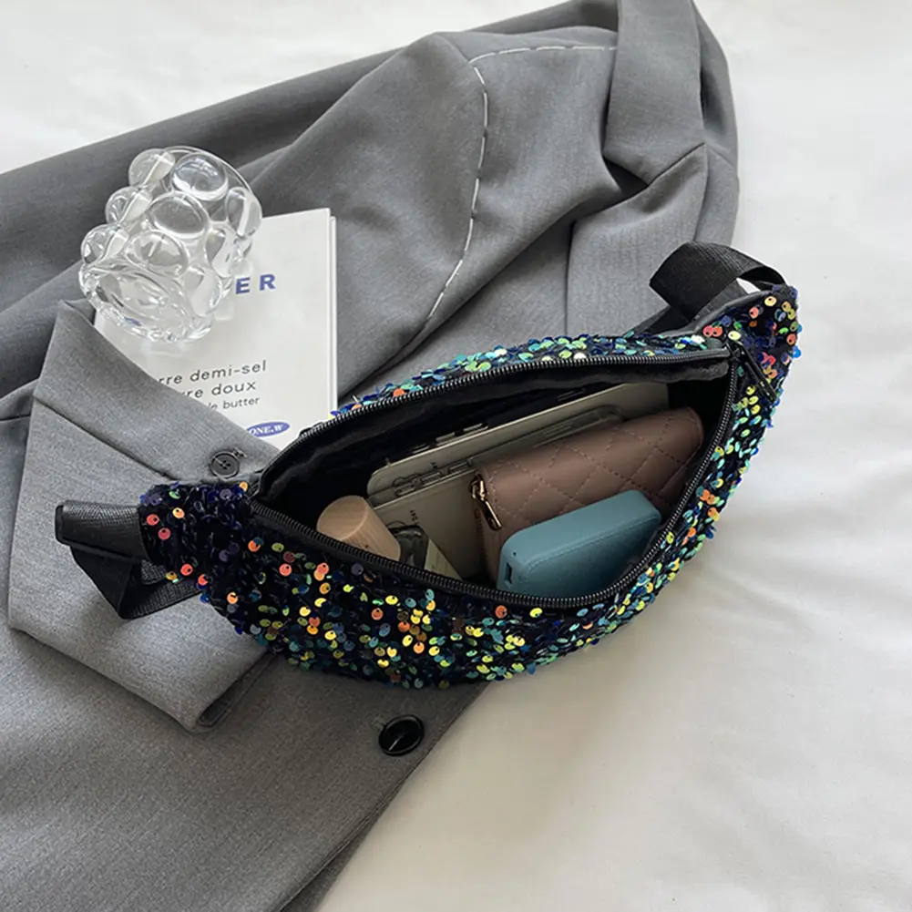 Women New Chest Bag Luxury Crossbody Bags Leather Sequin Sling Shoulder Bag Adjustable Strap Shining Ladies Commuting Waist Bags