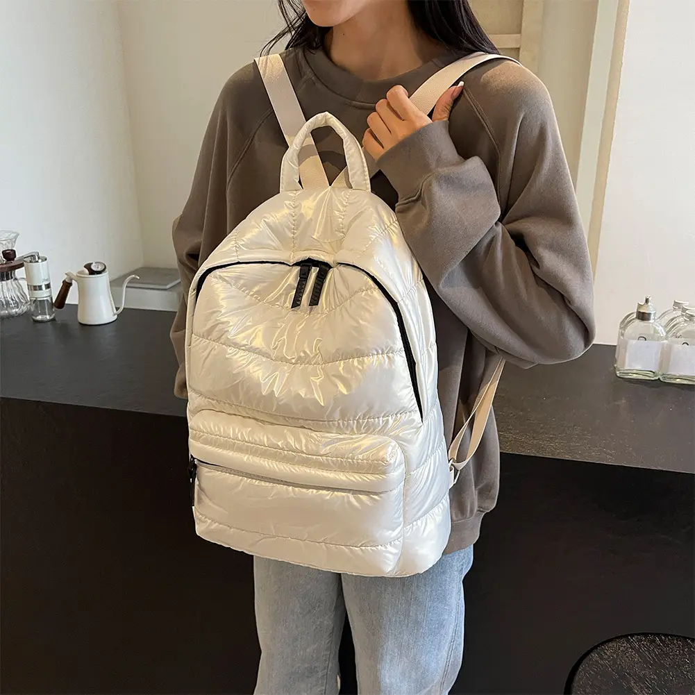 Winter Puffer Students School Bags Large Capacity Down Padded Backpack Solid Color Casual Bookbag Adjustable Strap Teen Rucksack