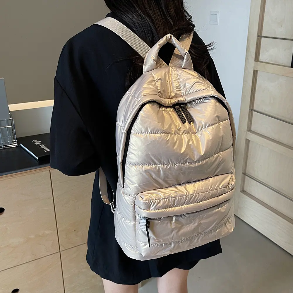 Winter Puffer Students School Bags Large Capacity Down Padded Backpack Solid Color Casual Bookbag Adjustable Strap Teen Rucksack