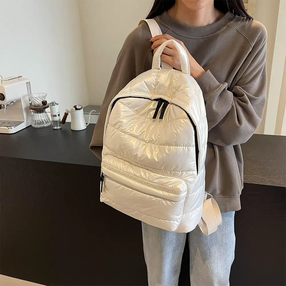 Winter Puffer Students School Bags Large Capacity Down Padded Backpack Solid Color Casual Bookbag Adjustable Strap Teen Rucksack
