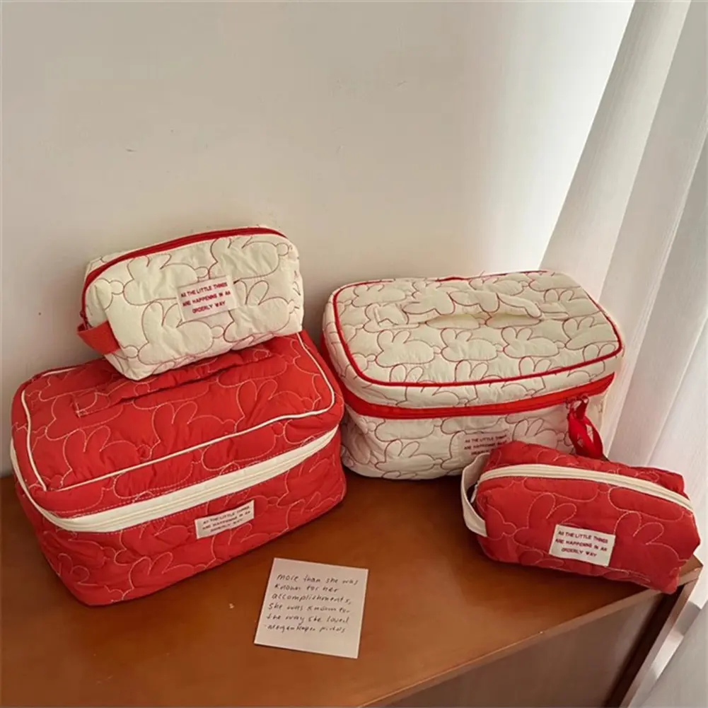 Cute Quilting Cotton Makeup Bags Women's Zipper Cosmetic Organizer Female Cloth Handbag INS Rabbit Embroidered Wash Storage Bags