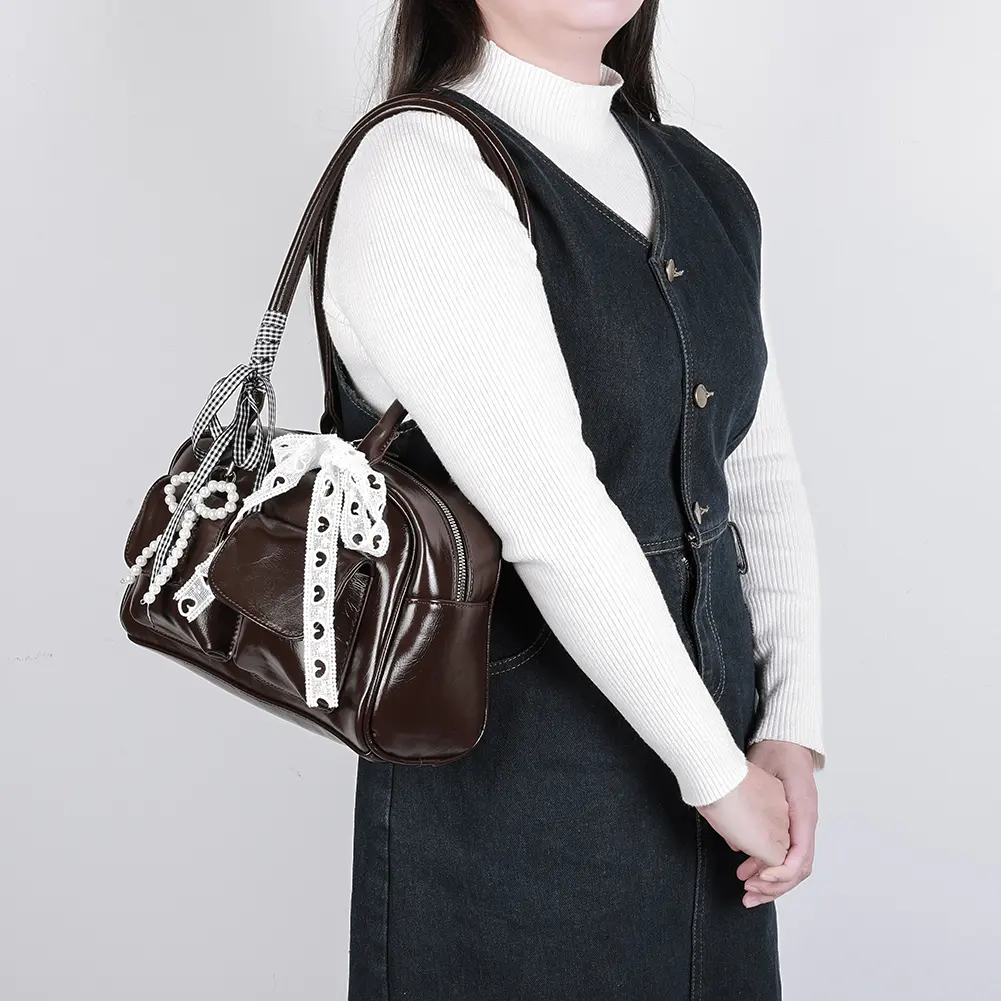Korean Version PU Leather Shoulder Bag for Women's Y2K Bow Knot Sweet Underarm Bag with Inner Pocket Double Pockets Tote Handbag