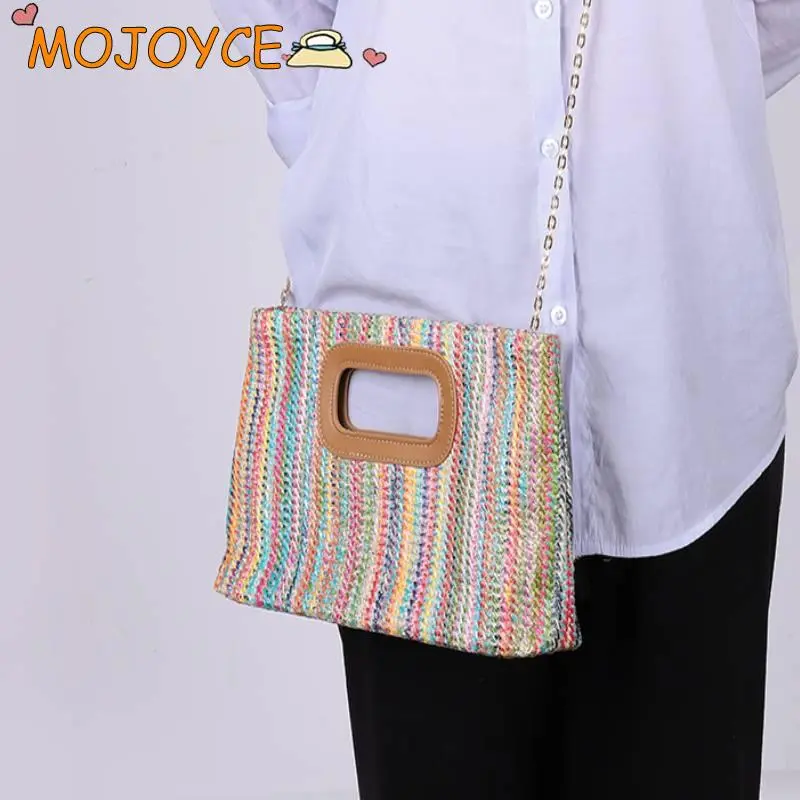 Summer Straw Shoulder Crossbody Bags Woven Evening Handbag Party Top Handle Bag with Removable Chain Women Casual Clutch Purse