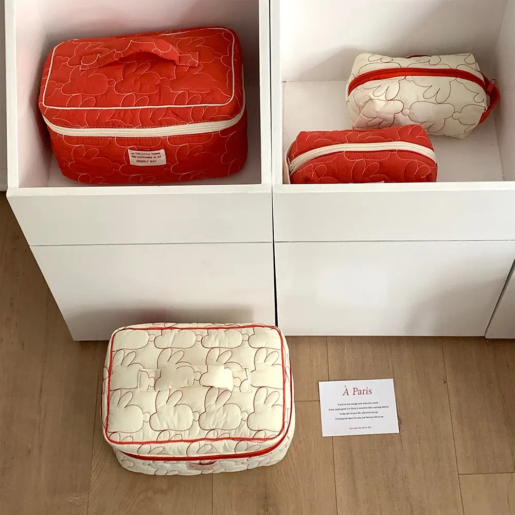 Cute Quilting Cotton Makeup Bags Women's Zipper Cosmetic Organizer Female Cloth Handbag INS Rabbit Embroidered Wash Storage Bags