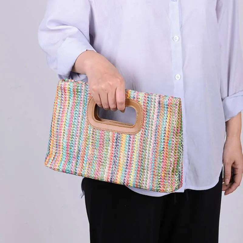 Summer Straw Shoulder Crossbody Bags Woven Evening Handbag Party Top Handle Bag with Removable Chain Women Casual Clutch Purse