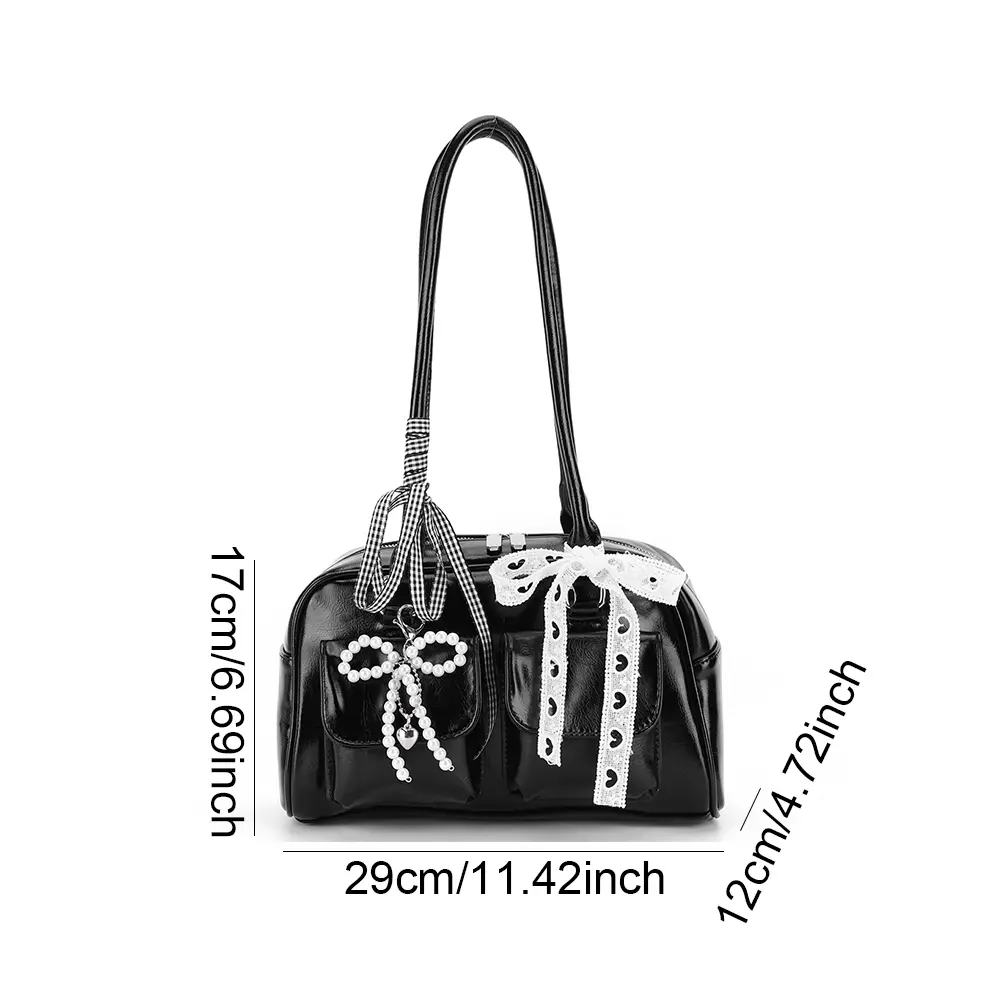 Korean Version PU Leather Shoulder Bag for Women's Y2K Bow Knot Sweet Underarm Bag with Inner Pocket Double Pockets Tote Handbag