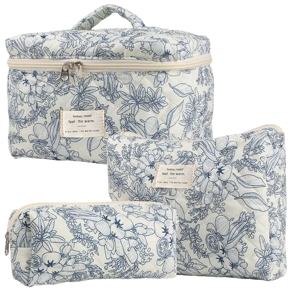 3pcs/set Storage Organizer Floral Quilted Makeup Bags Cotton Padded Cosmetic Bag Large Travel Toiletry Bag Women Zipper Wash Bag