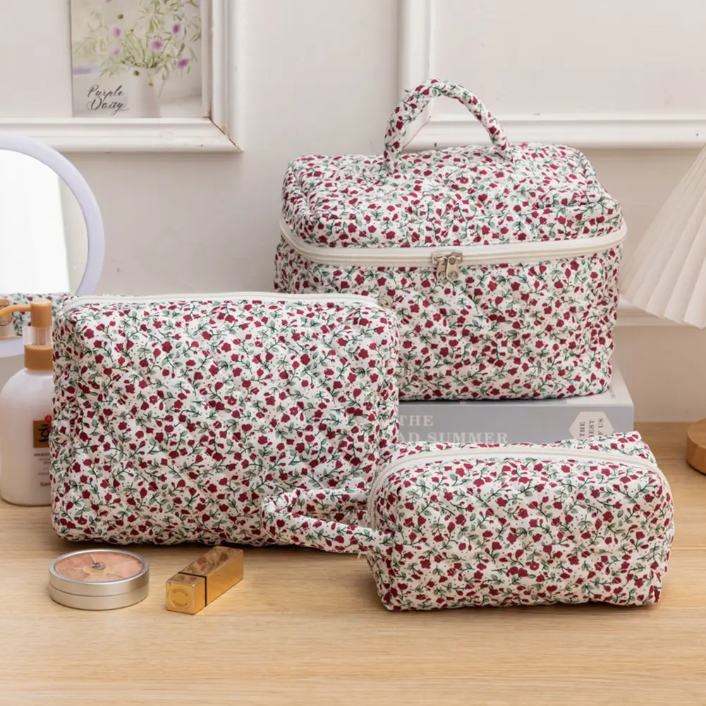 3pcs/set Storage Organizer Floral Quilted Makeup Bags Cotton Padded Cosmetic Bag Large Travel Toiletry Bag Women Zipper Wash Bag