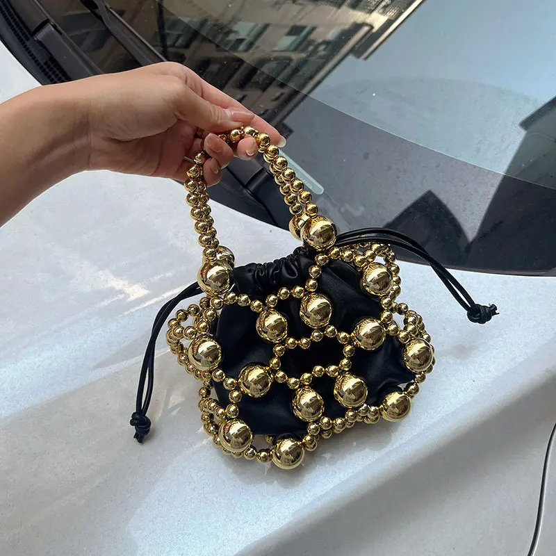 Metal Hollow Beaded Evening Bag Elegant Mini Handbag Trendy Clutch Purse Women Wedding Prom Shoulder Bag Birthday Party Bucket