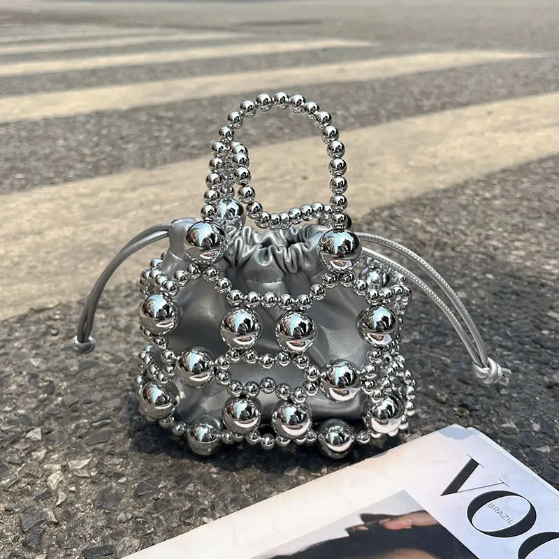 Metal Hollow Beaded Evening Bag Elegant Mini Handbag Trendy Clutch Purse Women Wedding Prom Shoulder Bag Birthday Party Bucket