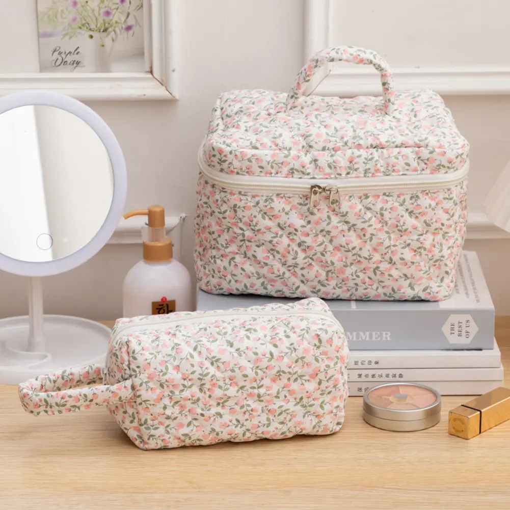 3pcs/set Storage Organizer Floral Quilted Makeup Bags Cotton Padded Cosmetic Bag Large Travel Toiletry Bag Women Zipper Wash Bag