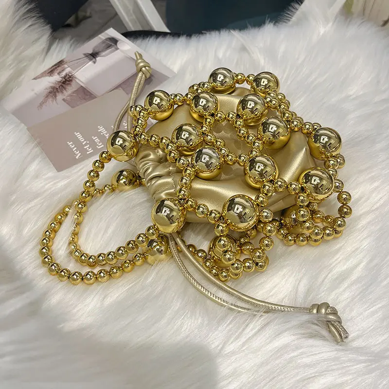 Metal Hollow Beaded Evening Bag Elegant Mini Handbag Trendy Clutch Purse Women Wedding Prom Shoulder Bag Birthday Party Bucket