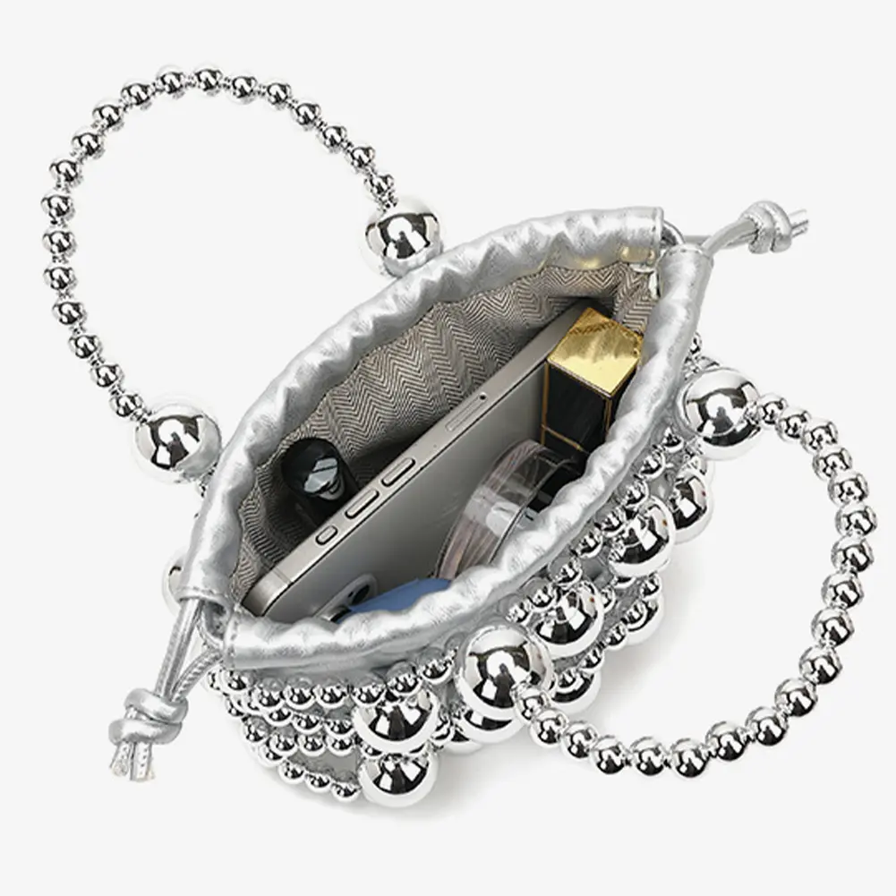Metal Hollow Beaded Evening Bag Elegant Mini Handbag Trendy Clutch Purse Women Wedding Prom Shoulder Bag Birthday Party Bucket