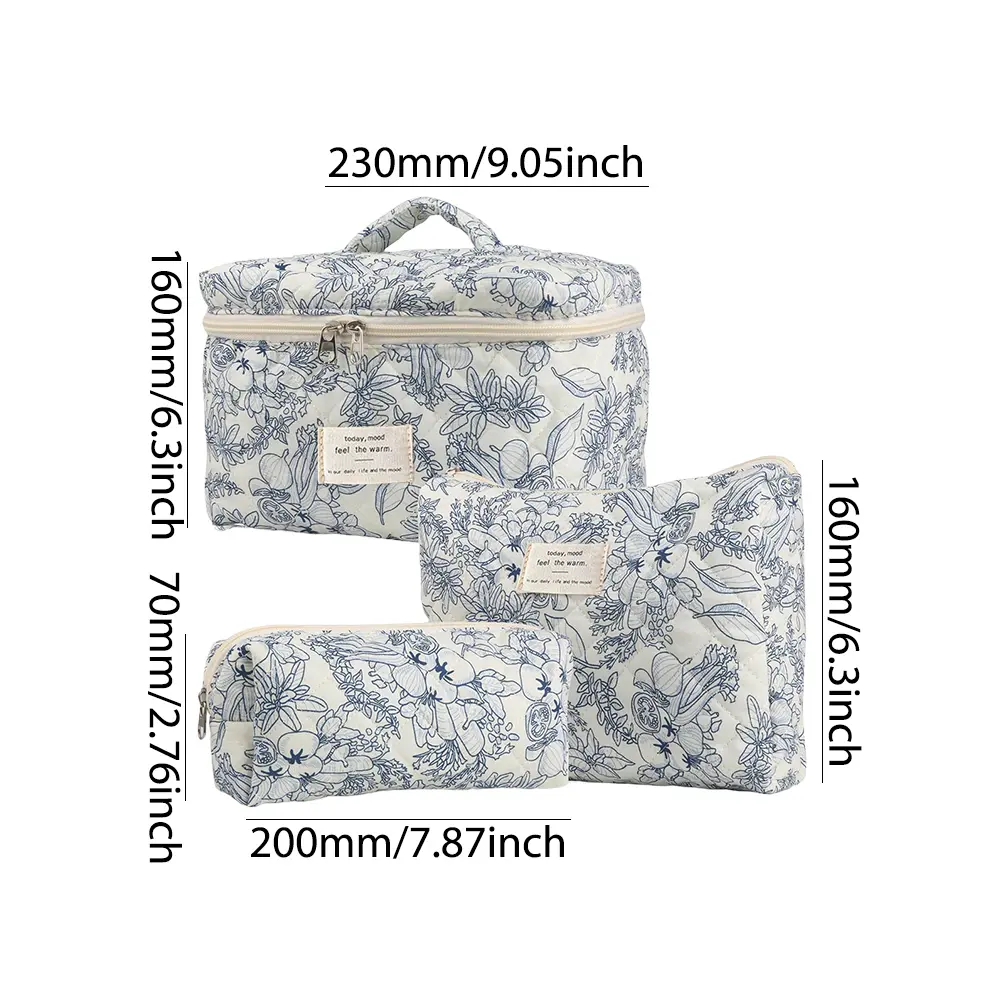 3pcs/set Storage Organizer Floral Quilted Makeup Bags Cotton Padded Cosmetic Bag Large Travel Toiletry Bag Women Zipper Wash Bag
