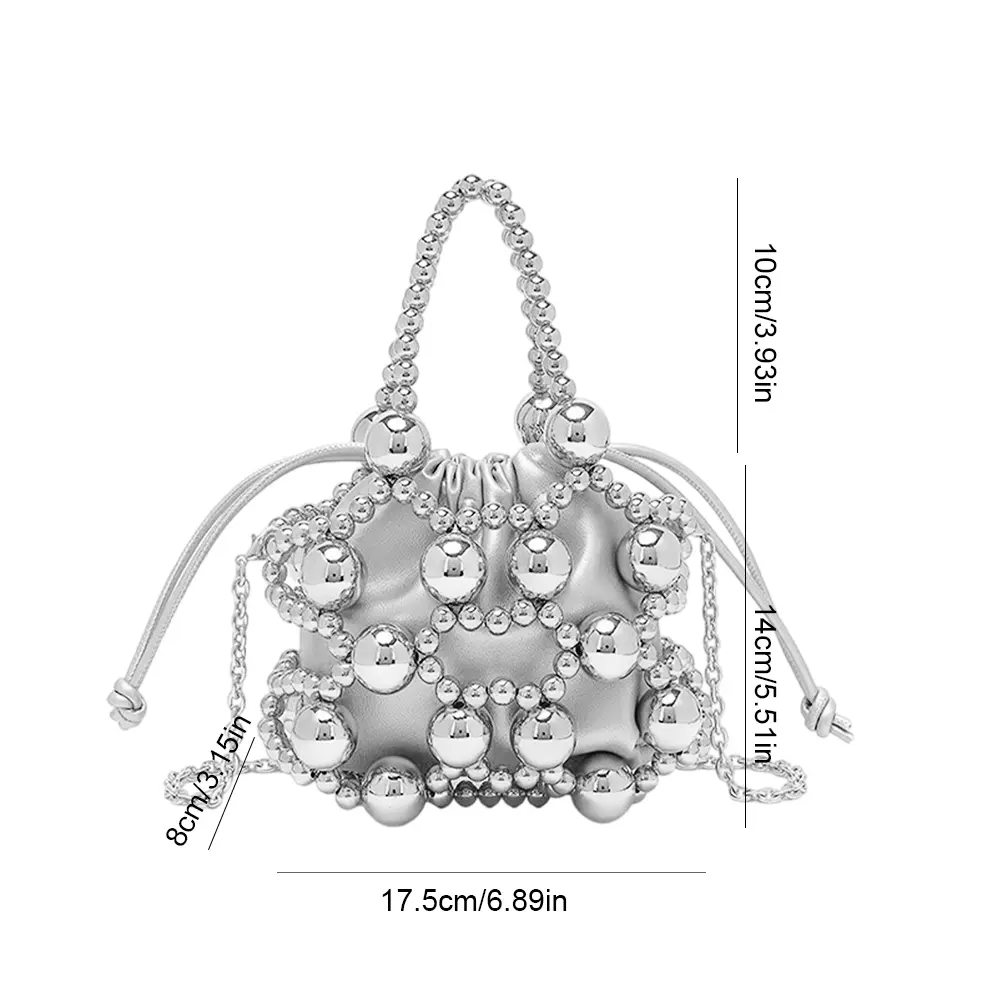 Metal Hollow Beaded Evening Bag Elegant Mini Handbag Trendy Clutch Purse Women Wedding Prom Shoulder Bag Birthday Party Bucket