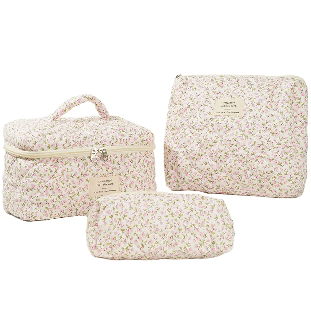 3 Pcs Cosmetic Bag Set Women Floral Makeup Pouch Japanese Flower Printed Quilted Skincare Storage Bag Aesthetic Beauty Wash Bags