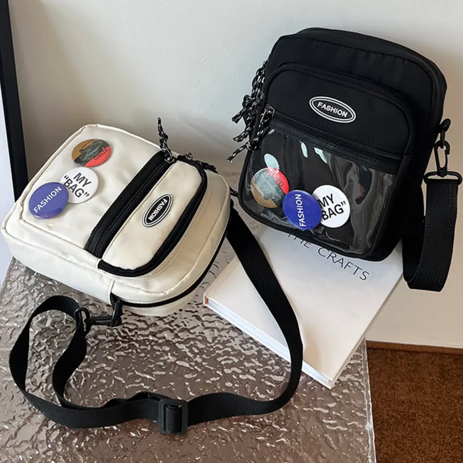 Japanese New Men&Women Casual Crossbody Bag with Clear Badge Pocket 2023 Unisex Square Shoulder Bags Vintage Nylon Small Satchel