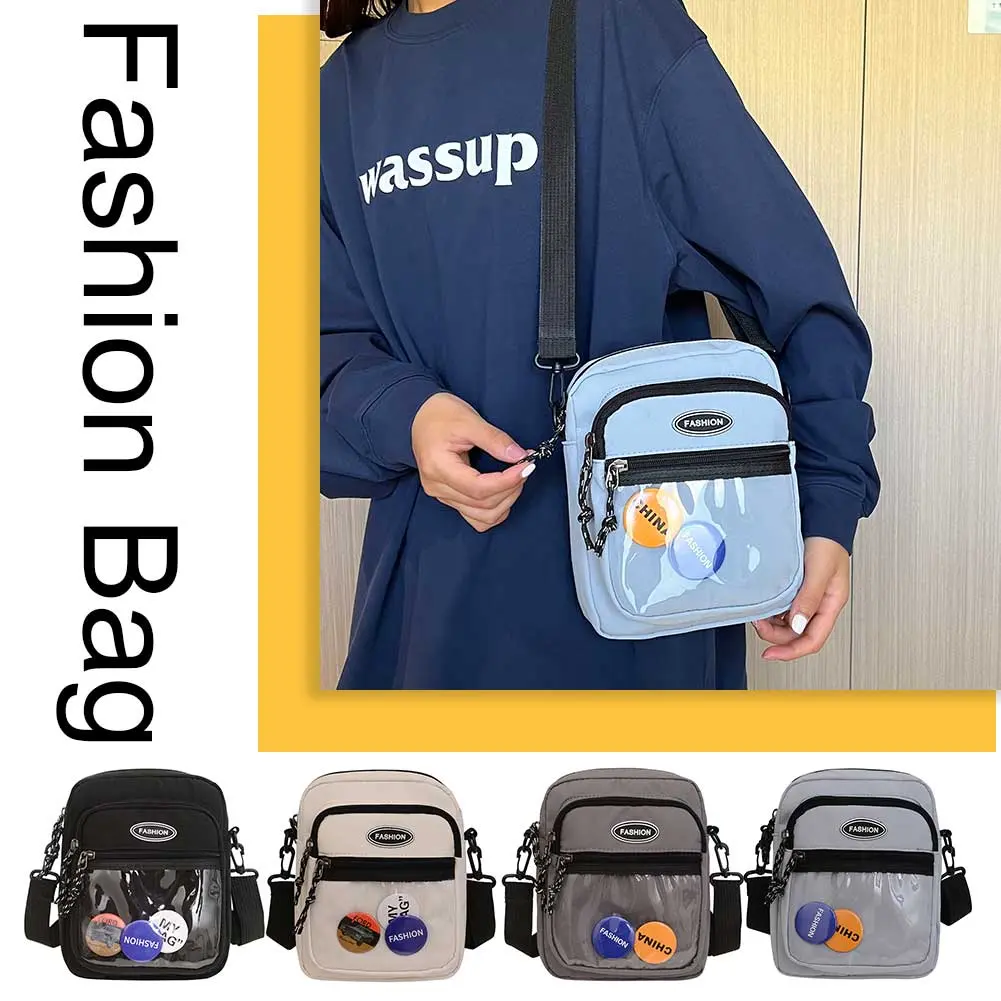Japanese New Men&Women Casual Crossbody Bag with Clear Badge Pocket 2023 Unisex Square Shoulder Bags Vintage Nylon Small Satchel