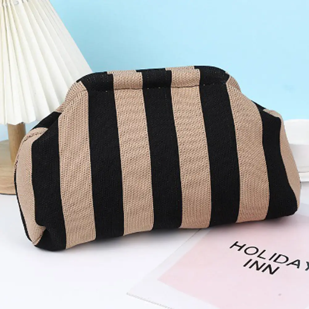 Summer Beach Clutch Bag Striped Color Small Crochet Handbag Knitting Dumpling Purse Handmade Woven Hollow Colorblock Evening Bag