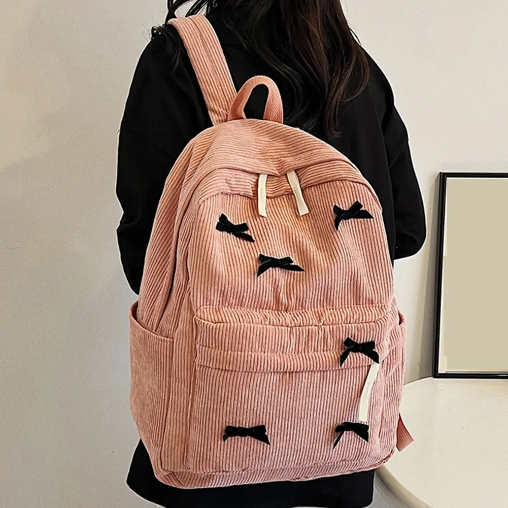 Black Bowknot Aesthetic School Bag for Girl Corduroy Teen Student Book Bag Large Capacity Travel Daypack College Laptop Backpack