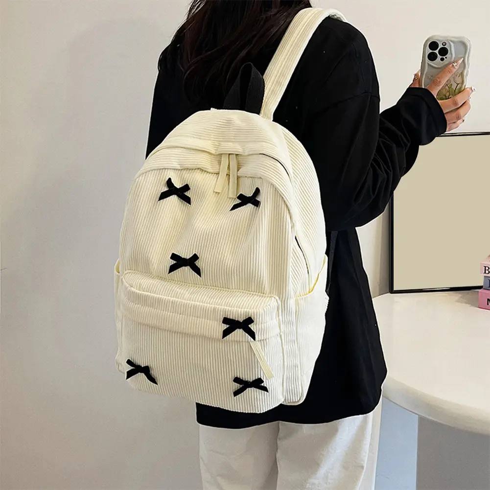 Black Bowknot Aesthetic School Bag for Girl Corduroy Teen Student Book Bag Large Capacity Travel Daypack College Laptop Backpack