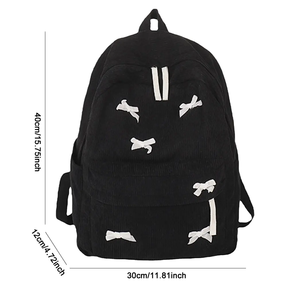 Black Bowknot Aesthetic School Bag for Girl Corduroy Teen Student Book Bag Large Capacity Travel Daypack College Laptop Backpack