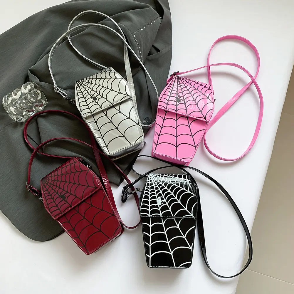 Halloween Purse Spider Web Pattern Novelty Sling Bag  Gothic Coffin Shape Crossbody Bags PU Leather Women Shoulder Bag Phone Bag