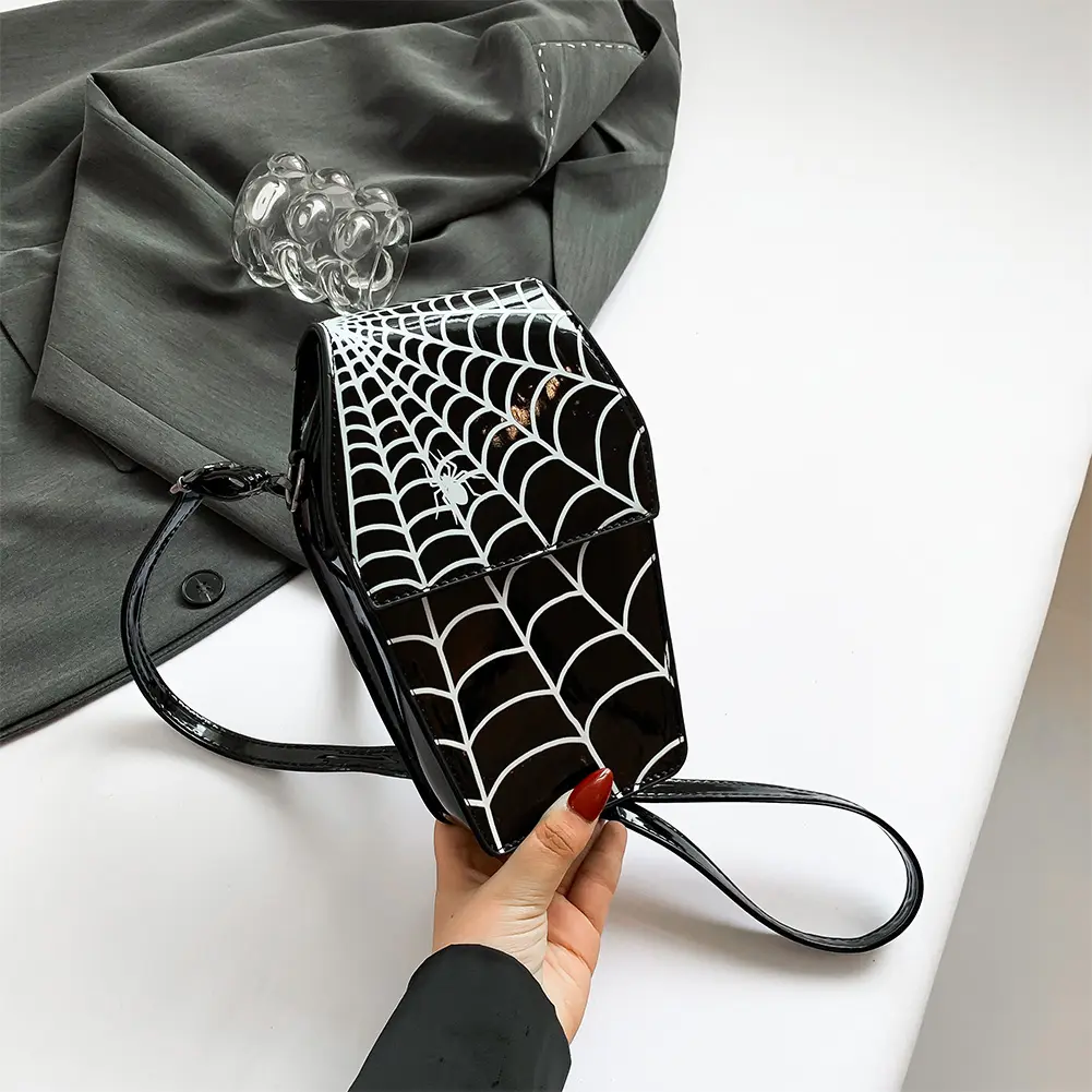 Halloween Purse Spider Web Pattern Novelty Sling Bag  Gothic Coffin Shape Crossbody Bags PU Leather Women Shoulder Bag Phone Bag