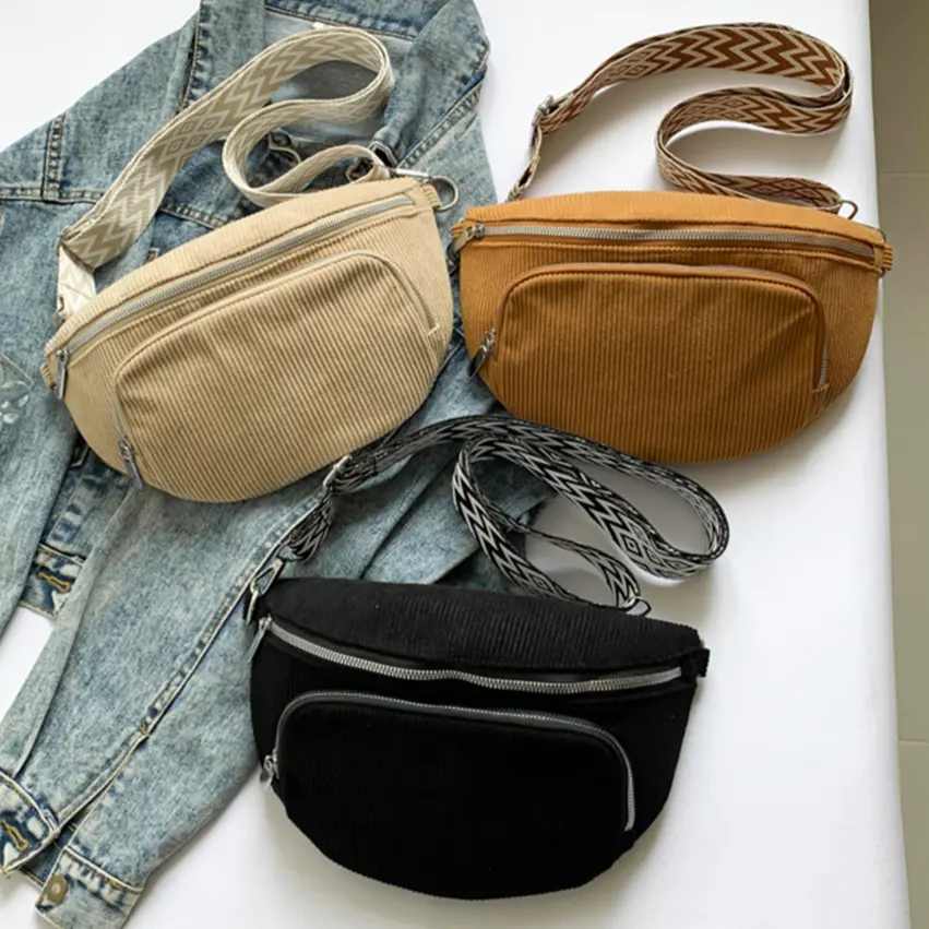 Casual Corduroy Belt Bags for Women Fashion Fanny Pack Female Banana Waist Bags Hip Purse Multi-pockets Chest Bag Crossbody Bags