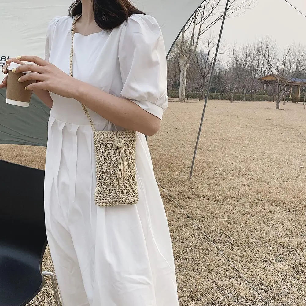 Female Vintage Crossbody Phone Bag Straw Rope Hand-woven Vacation Mini Purse Women Casual Mobile Phone Pouch Streetwear