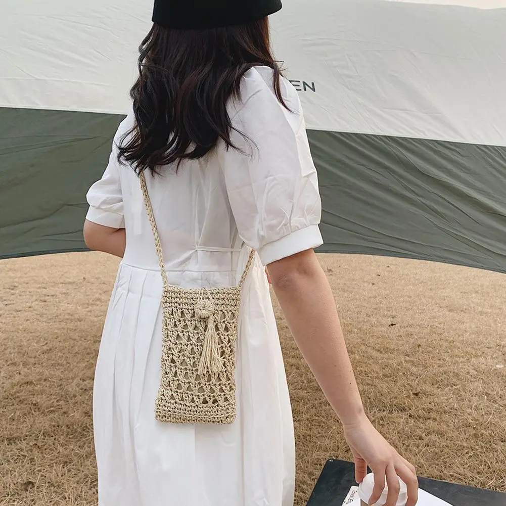 Female Vintage Crossbody Phone Bag Straw Rope Hand-woven Vacation Mini Purse Women Casual Mobile Phone Pouch Streetwear