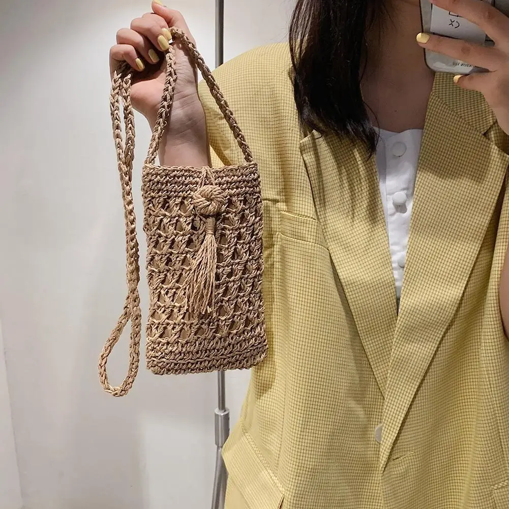 Female Vintage Crossbody Phone Bag Straw Rope Hand-woven Vacation Mini Purse Women Casual Mobile Phone Pouch Streetwear