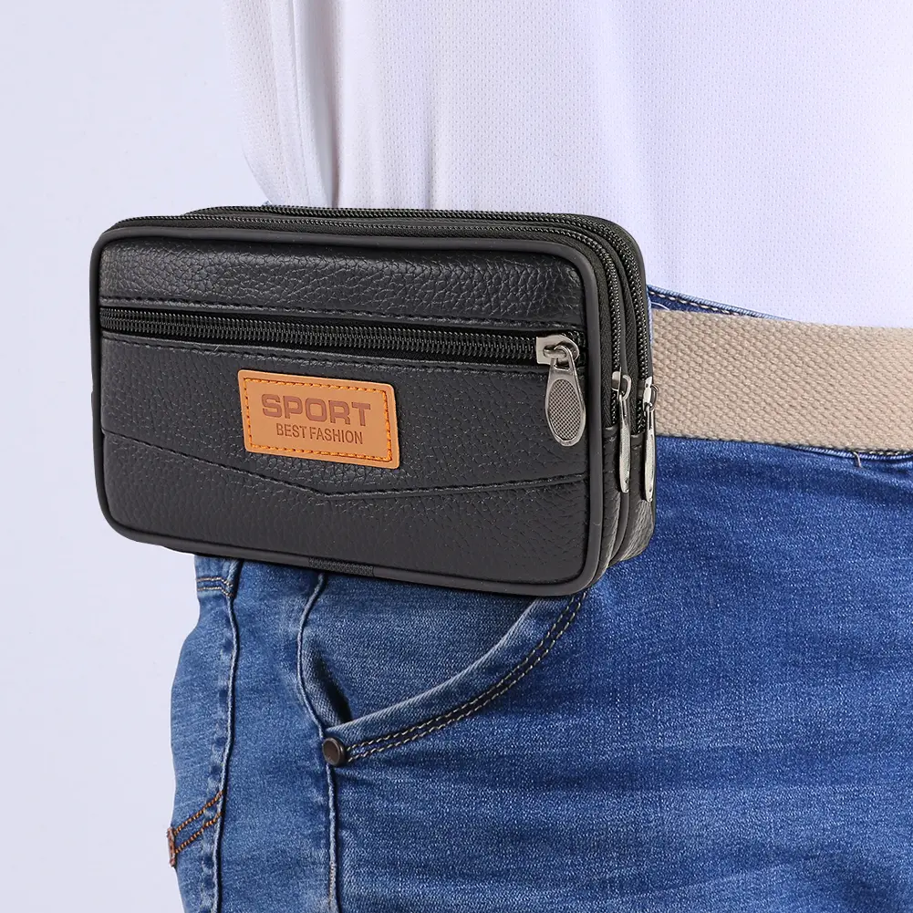 Cowhide Leather Bum Pouch for Men Multi Layer Simple Belt Bag Multifunction Fanny Pack Outdoor Mobile Phone Bag Men's Waist Bags