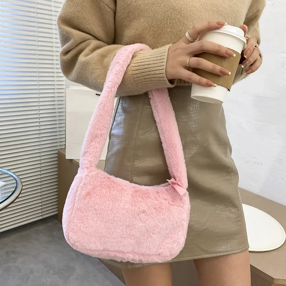 Fashion New Plush Fluffy Shoulder Crossbody Handbags Vintage Women Solid Color Underarm Bag Portable Square Travel Street Purse