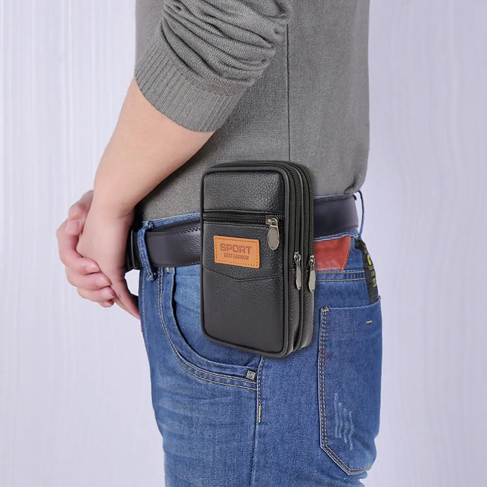 Cowhide Leather Bum Pouch for Men Multi Layer Simple Belt Bag Multifunction Fanny Pack Outdoor Mobile Phone Bag Men's Waist Bags