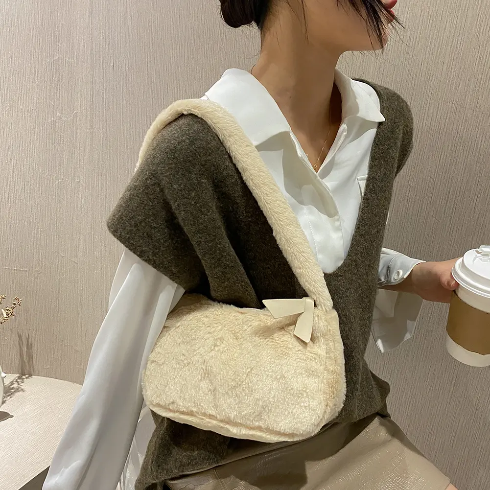 Fashion New Plush Fluffy Shoulder Crossbody Handbags Vintage Women Solid Color Underarm Bag Portable Square Travel Street Purse