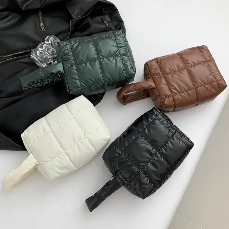 Feather Padded Cosmetic Bag Women Winter Down Solid Storage Bag Quilted Embroidered Toiletry Bag Puffer Cotton Wrist Makeup Bags