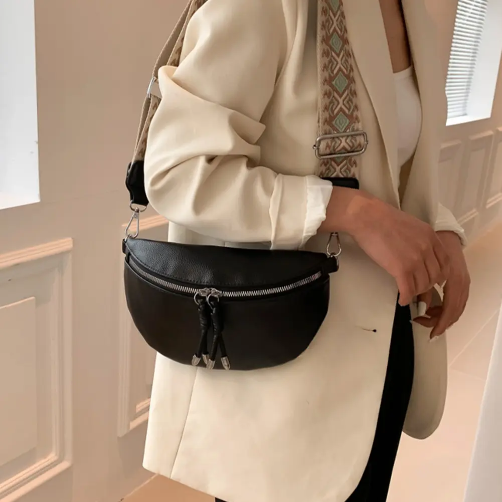Fashion Casual Fanny Pack Bum Bag PU Leather Women Crossbody Bags Jacquard Strap Solid Color Shopping Traveling Chest Bag