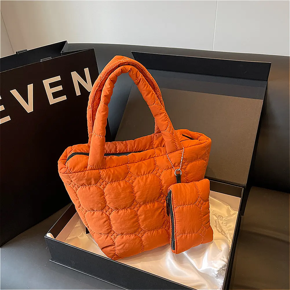 Fashion Quilted Embroidery Thread Handbag Lightweight Puffy Top-Handle Bag Large Capacity Ladies Small Totes Bag with Mini Purse