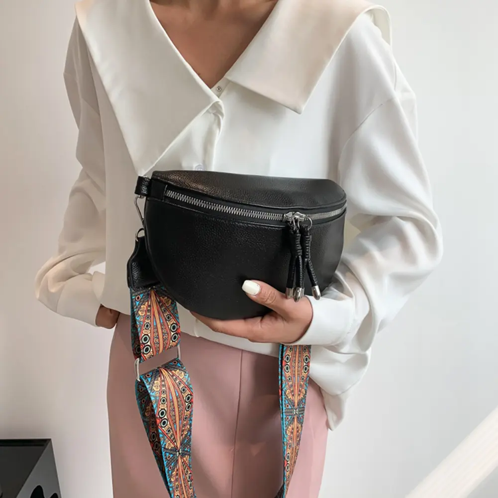 Fashion Casual Fanny Pack Bum Bag PU Leather Women Crossbody Bags Jacquard Strap Solid Color Shopping Traveling Chest Bag