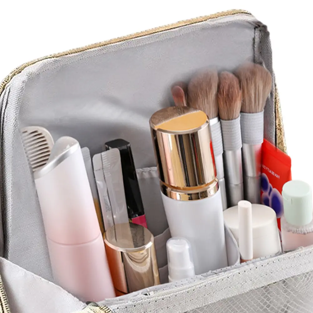 Portable Make Up Case Travel Makeup Tools Organizer Large Capacity Waterproof Open Flat Cosmetic Bag Standing Toiletry Pouch