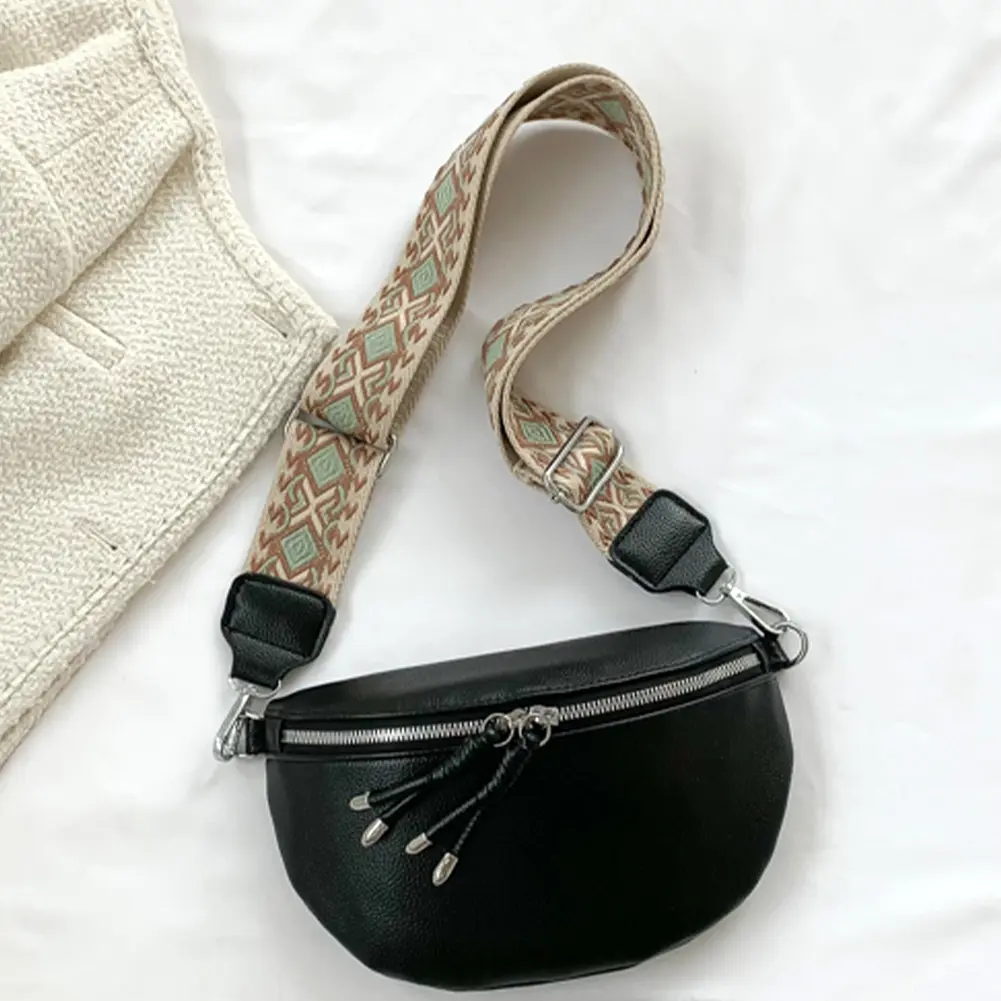Fashion Casual Fanny Pack Bum Bag PU Leather Women Crossbody Bags Jacquard Strap Solid Color Shopping Traveling Chest Bag