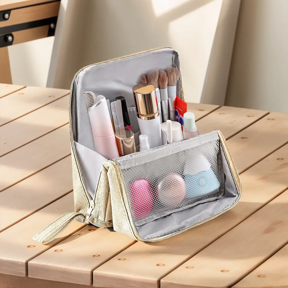 Portable Make Up Case Travel Makeup Tools Organizer Large Capacity Waterproof Open Flat Cosmetic Bag Standing Toiletry Pouch
