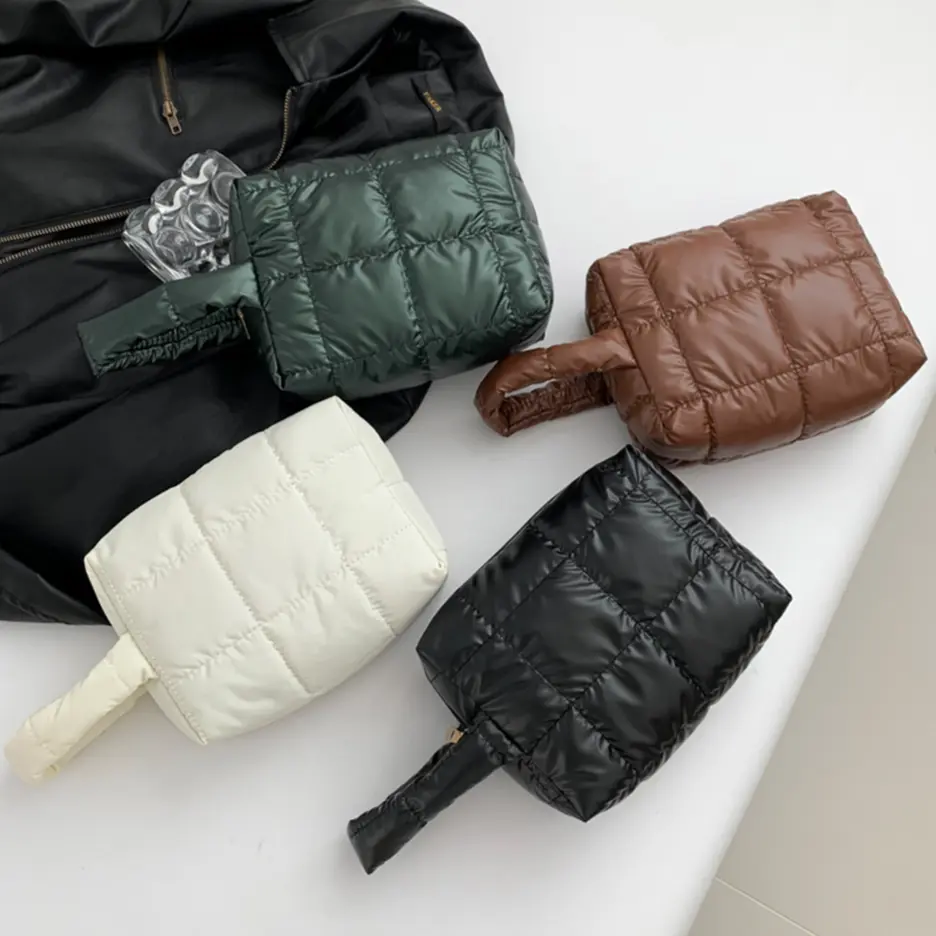 Cotton Padded Clutch Bags Quilted Embroidered Ladies Cosmetic Pouch Women's Down Solid Small Storage Bags Puffer Mini Makeup Bag