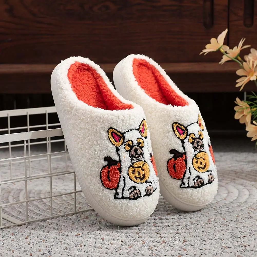 Halloween Plush Slippers Warm Slip-on House Shoes Anti Slip Home Slippers Cute Furry Pumpkin Dog Slippers Flat Thermal Slippers