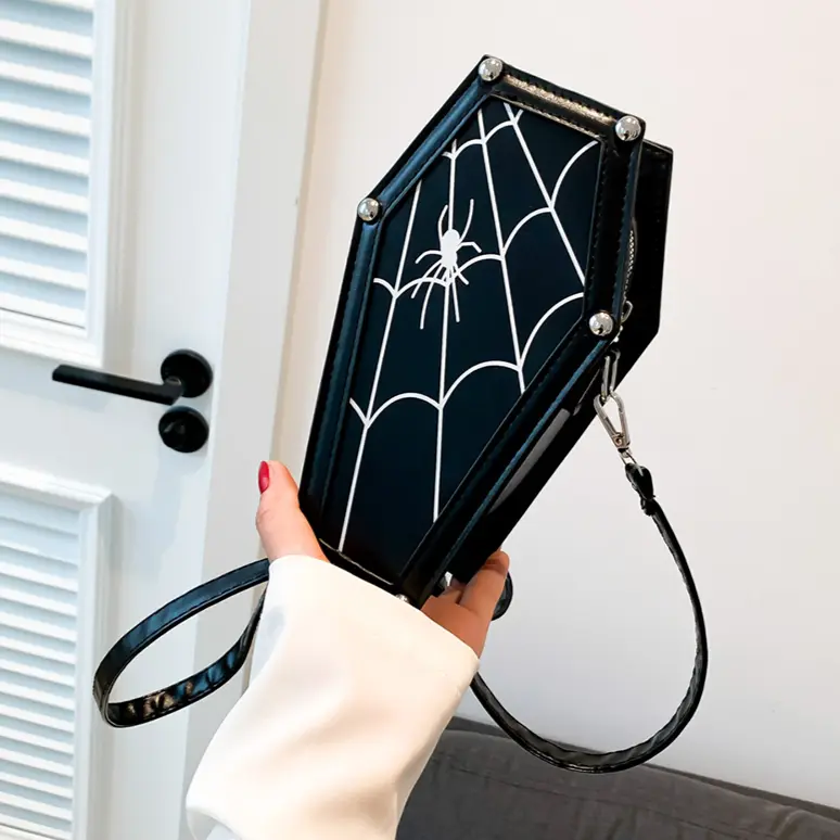 Halloween Cobweb Crossbody Bag 2023 Gothic Coffin Shape Phone Satchel Retro PU Leather Women Spider Purses Cosplay Shoulder Bags