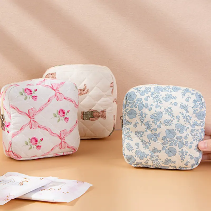 Bowknot Cosmetic Pouch Floral Print Travel Cute Makeup Bag Mini Portable Storage Bag For Sanitary Items Elegant Card Zero Wallet